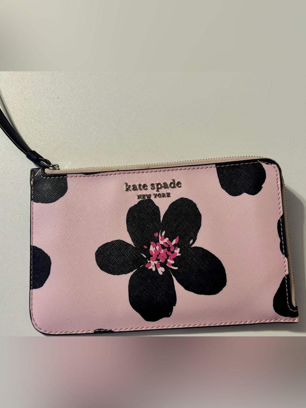 kate spade Pink Floral Wristlet Pouch with Black Blossom Print